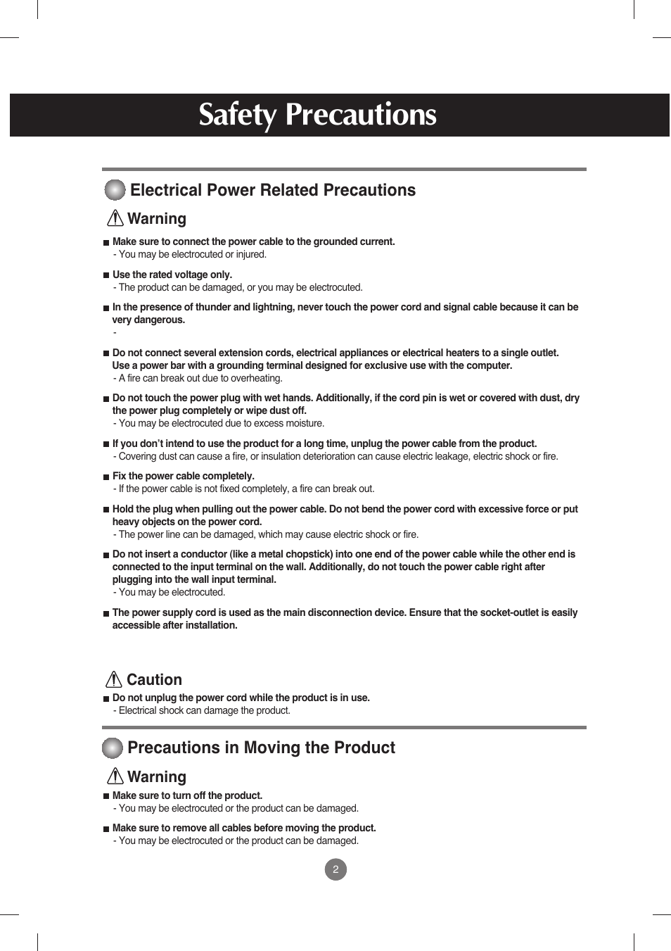 Electrical power related precautions, Precautions in moving the product, Safety precautions | Warning caution, Warning | LG M198WX-WA User Manual | Page 3 / 35