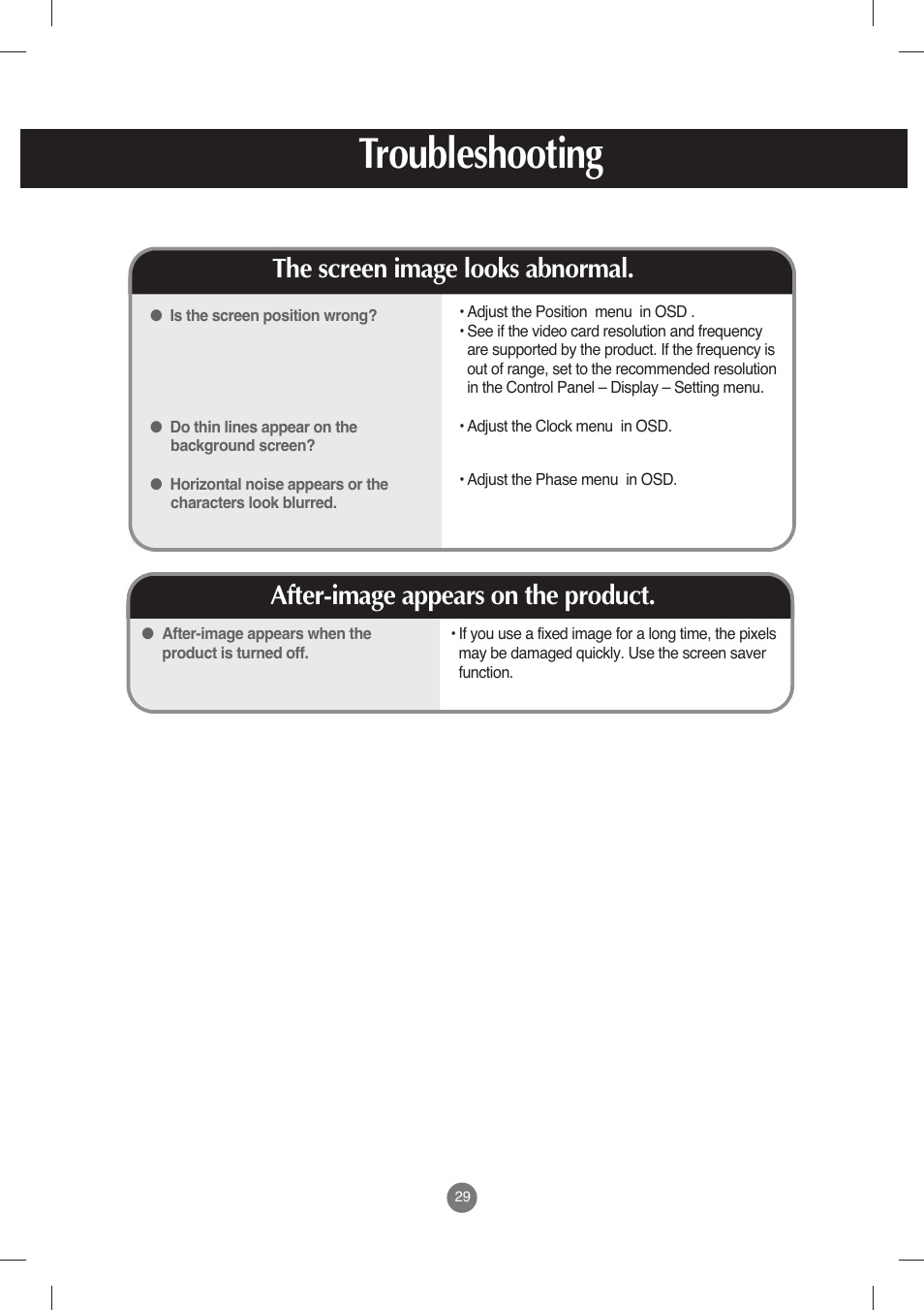 The screen image looks abnormal, After-image appears on the product, Troubleshooting | LG M198WX-WA User Manual | Page 30 / 35