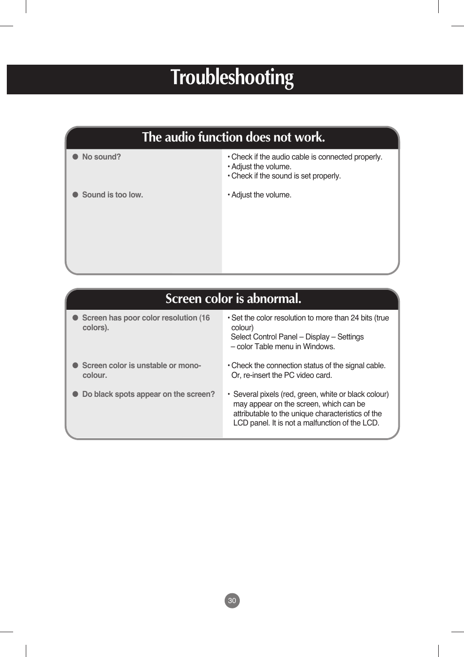 The audio function does not work, Screen color is abnormal, Troubleshooting | LG M198WX-WA User Manual | Page 31 / 35