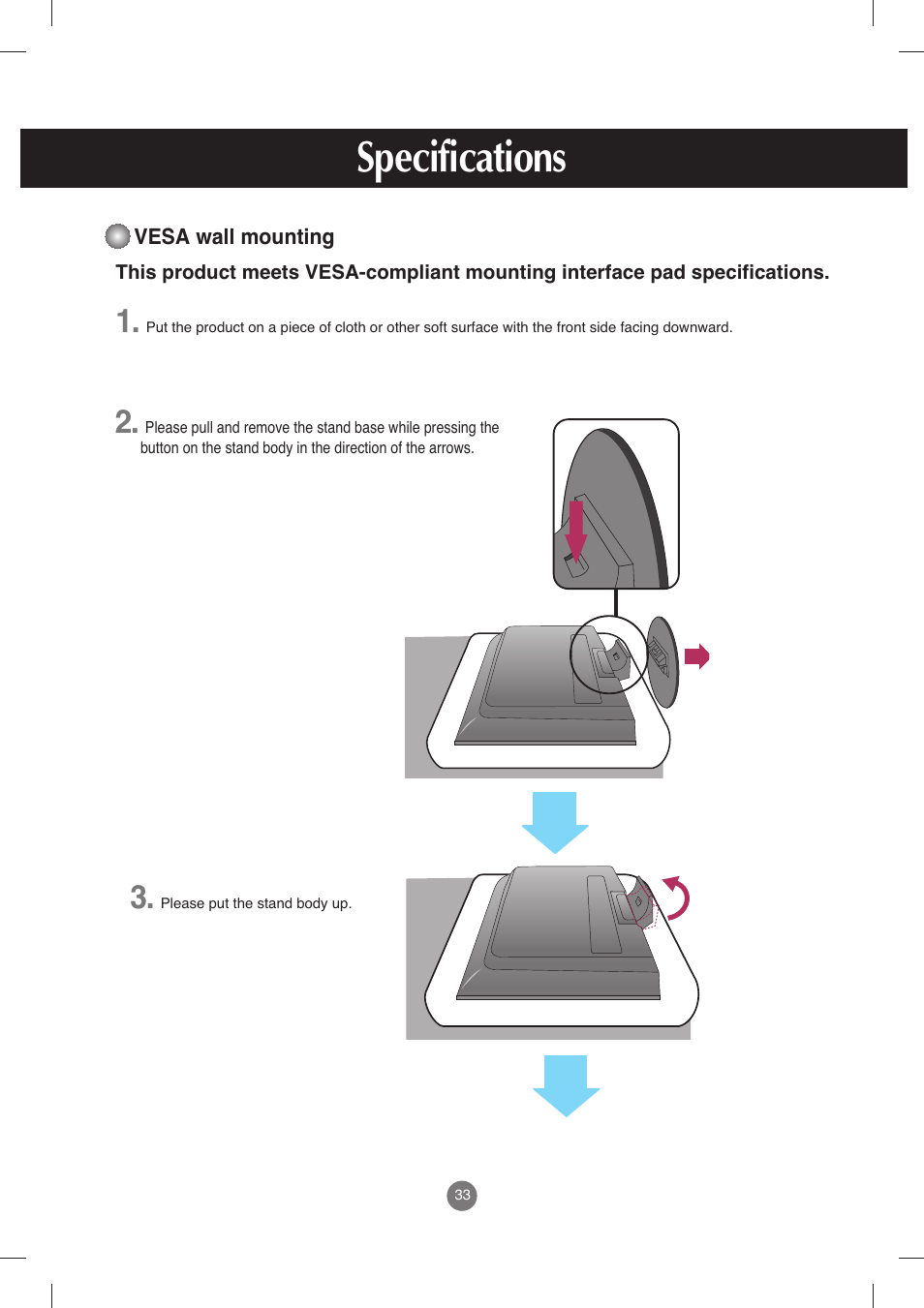 Vesa wall mounting, Specifications | LG M198WX-WA User Manual | Page 34 / 35