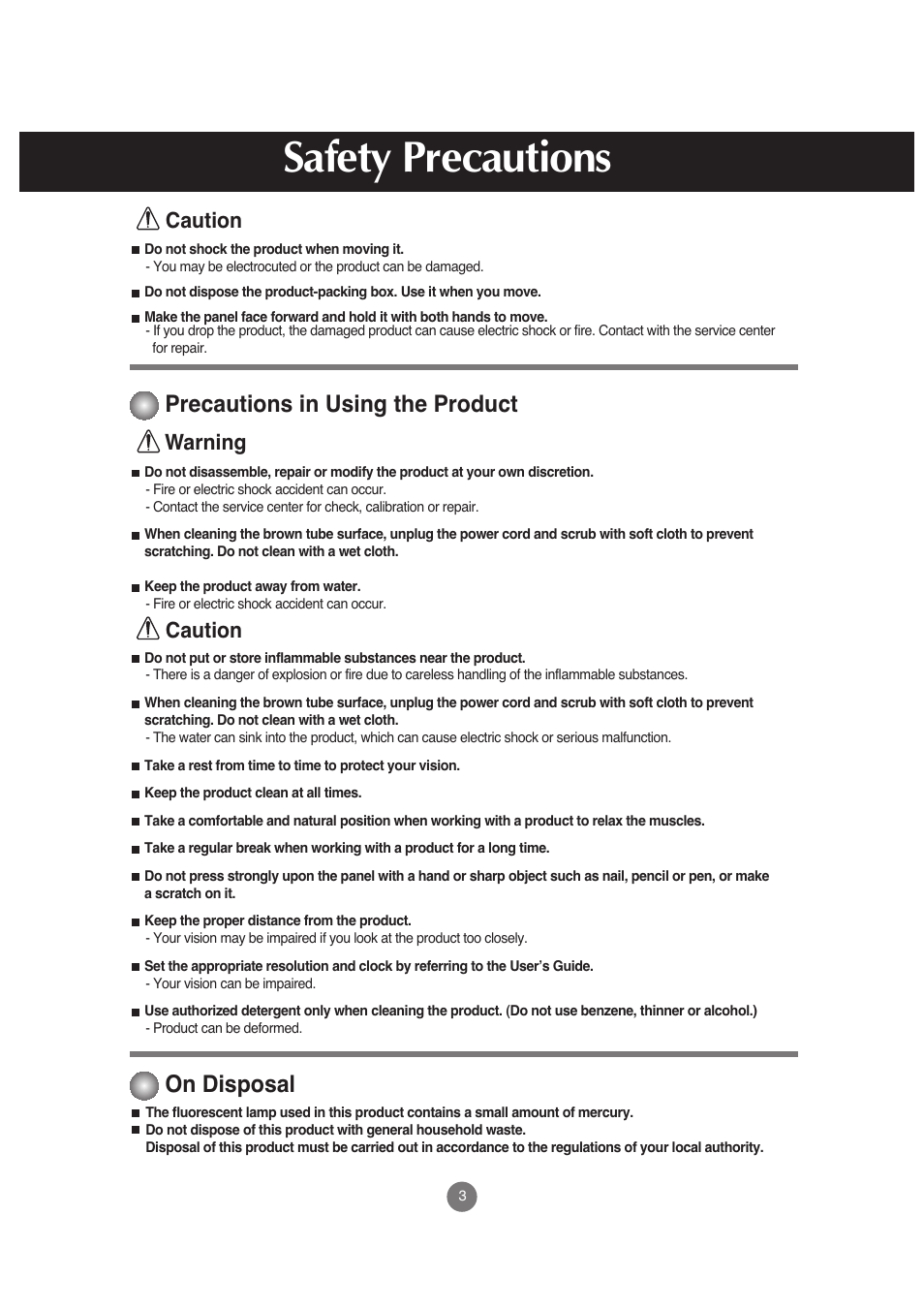 Precautions in using the product, On disposal, Safety precautions | Caution, Warning | LG M198WX-WA User Manual | Page 4 / 35