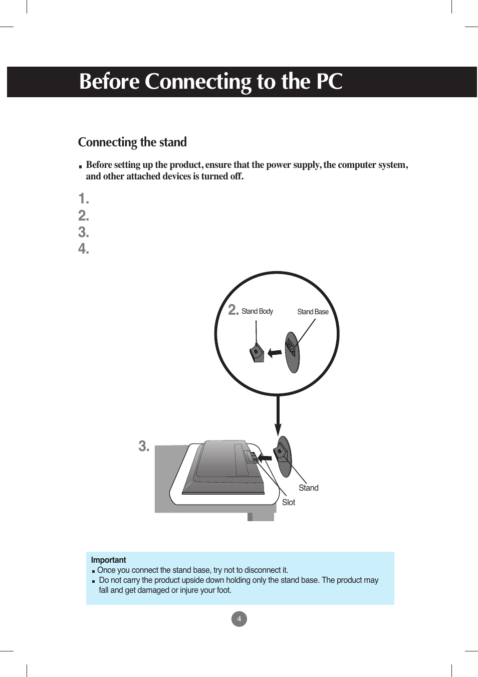 Before connecting to the pc, Connecting the stand | LG M198WX-WA User Manual | Page 5 / 35