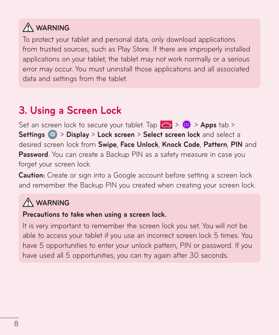 Using a screen lock | LG LGV400 User Manual | Page 10 / 132