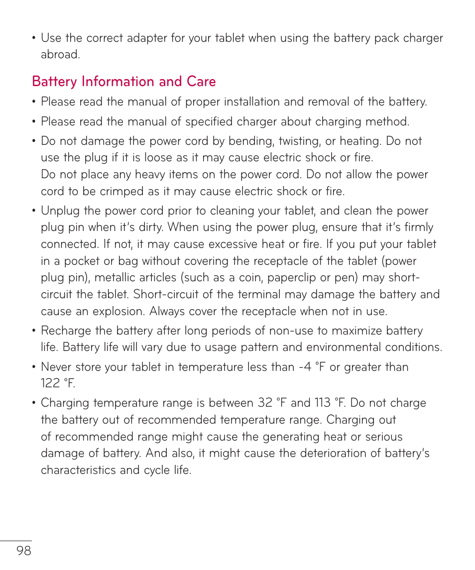 Battery information and care | LG LGV400 User Manual | Page 100 / 132