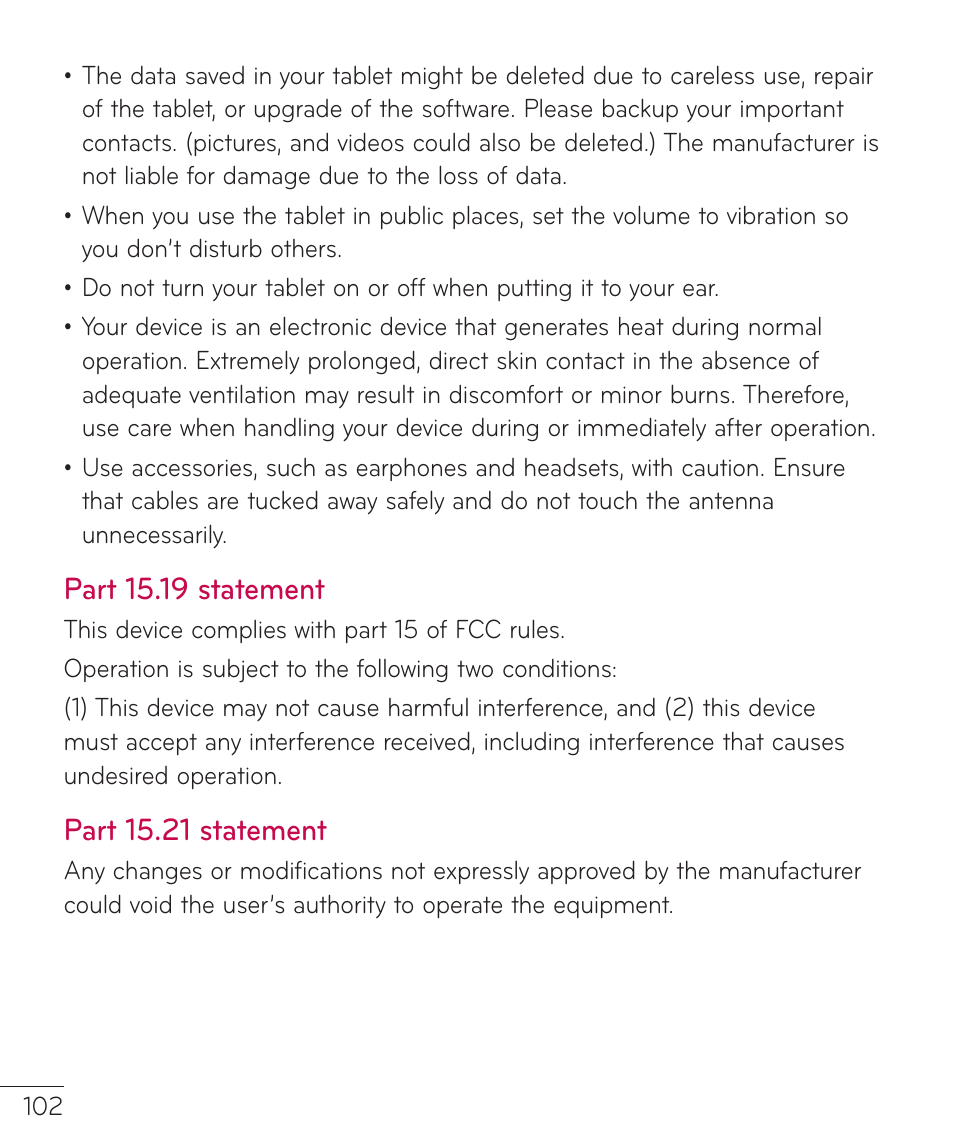 Part 15.19 statement, Part 15.21 statement | LG LGV400 User Manual | Page 104 / 132