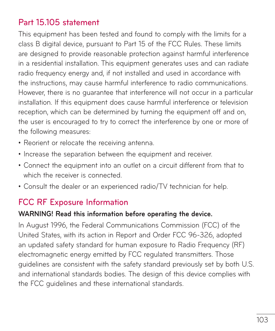 Fcc rf exposure information | LG LGV400 User Manual | Page 105 / 132