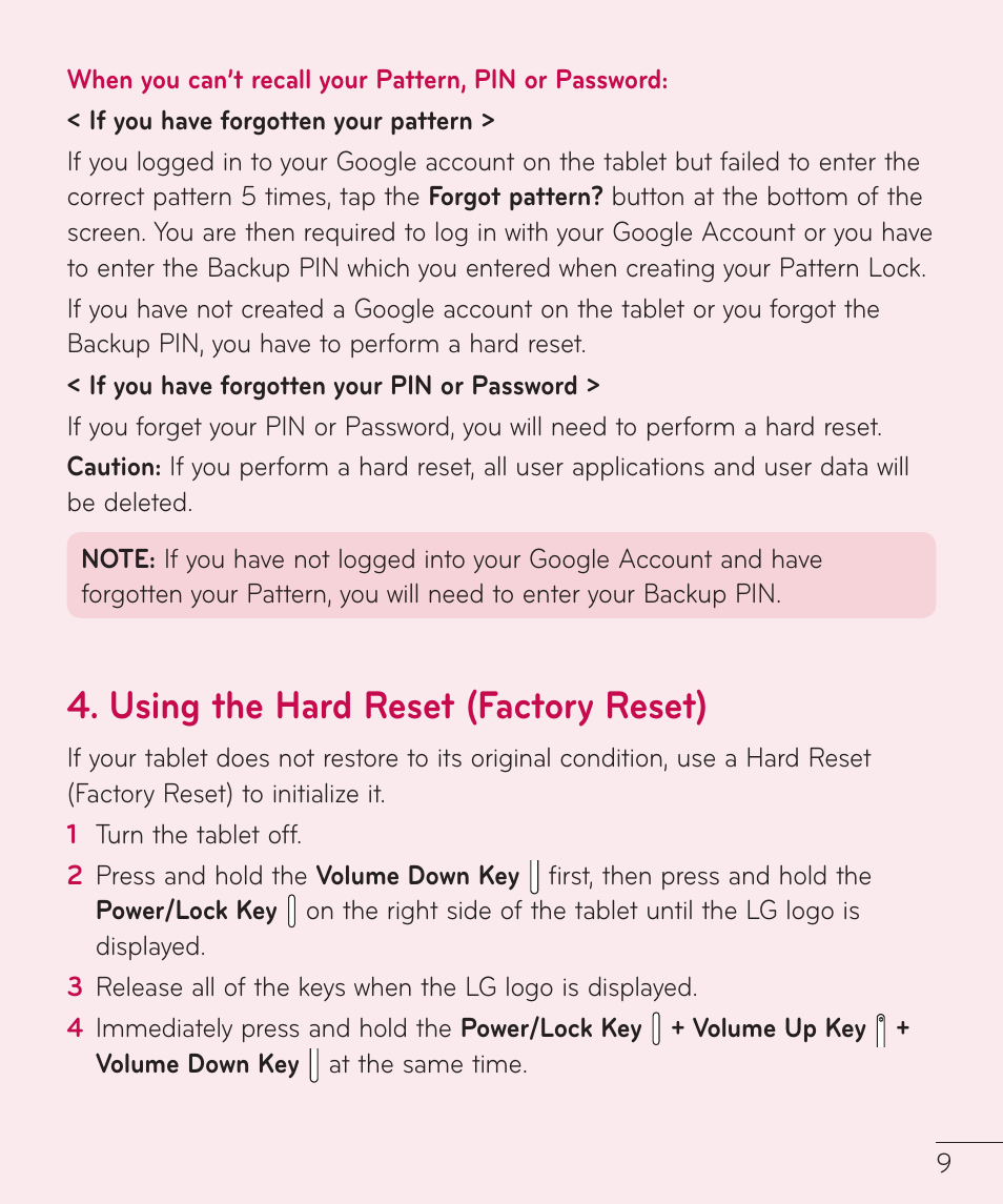 Using the hard reset (factory reset) | LG LGV400 User Manual | Page 11 / 132