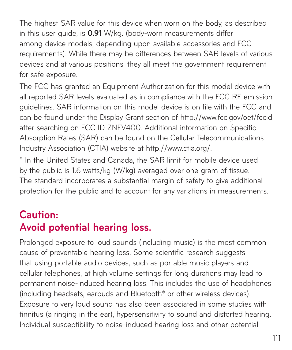 Caution: avoid potential hearing loss | LG LGV400 User Manual | Page 113 / 132