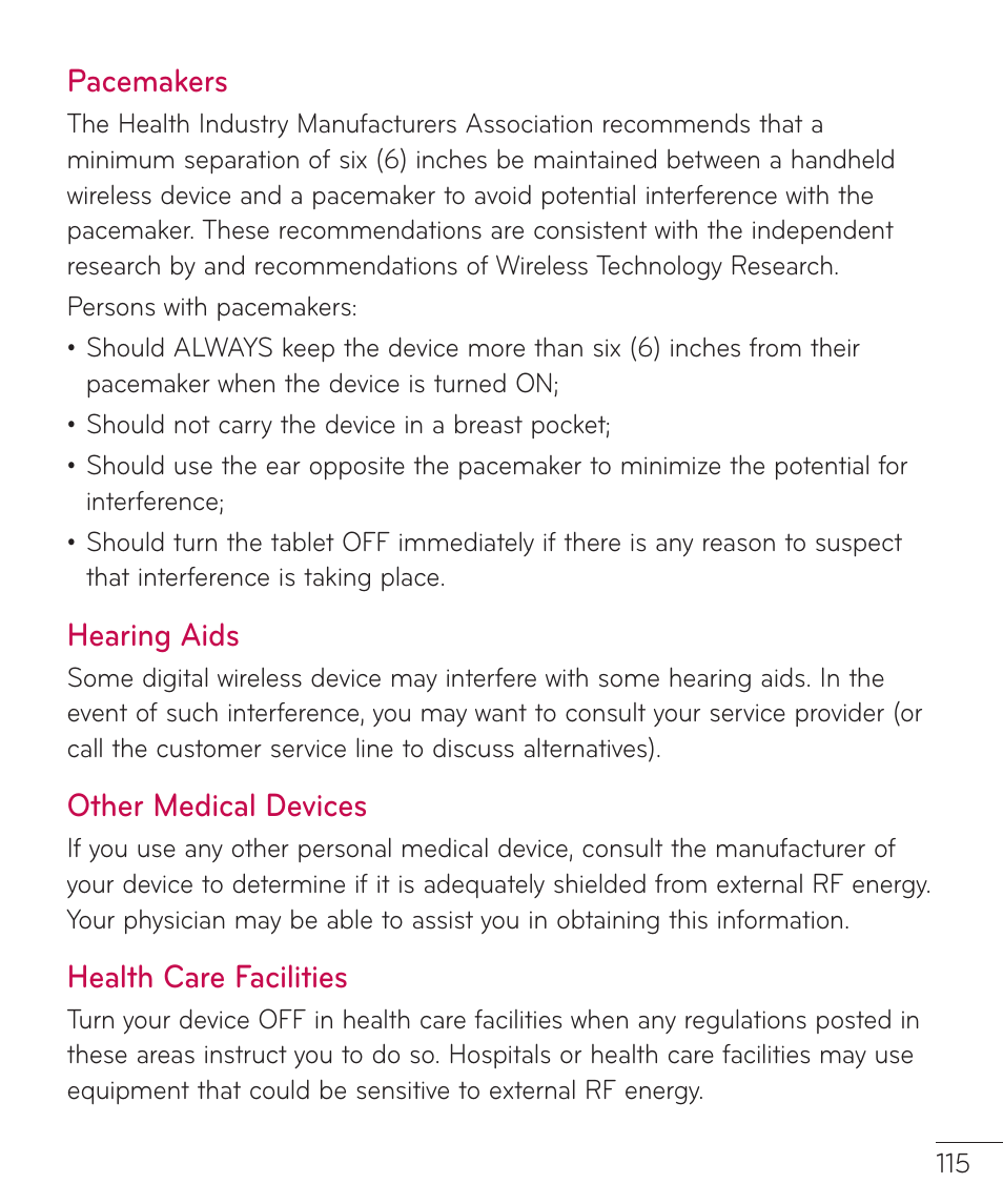 Pacemakers, Hearing aids, Other medical devices | Health care facilities | LG LGV400 User Manual | Page 117 / 132