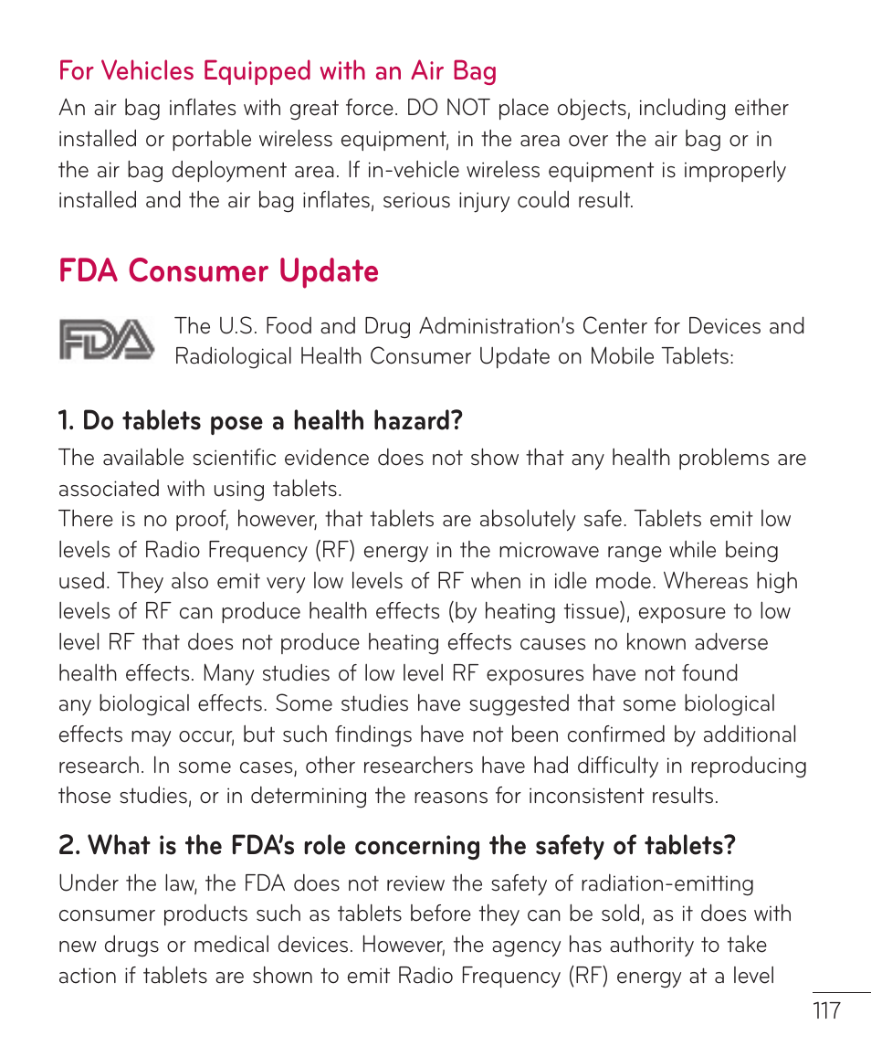 Fda consumer update | LG LGV400 User Manual | Page 119 / 132