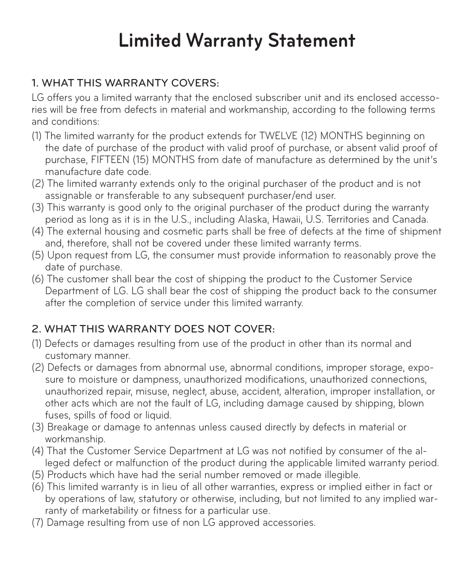 Limited warranty statement | LG LGV400 User Manual | Page 129 / 132