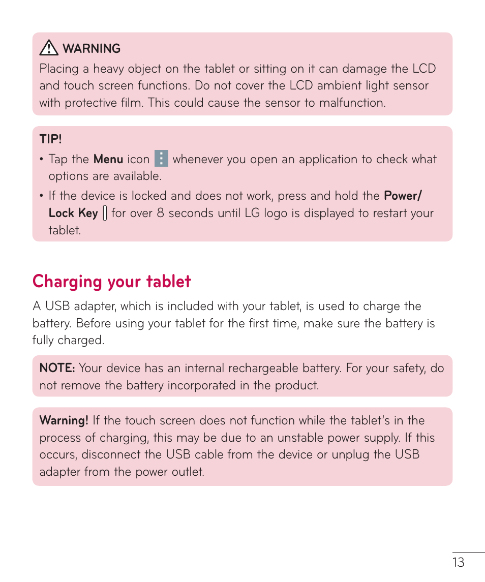 Charging your tablet | LG LGV400 User Manual | Page 15 / 132