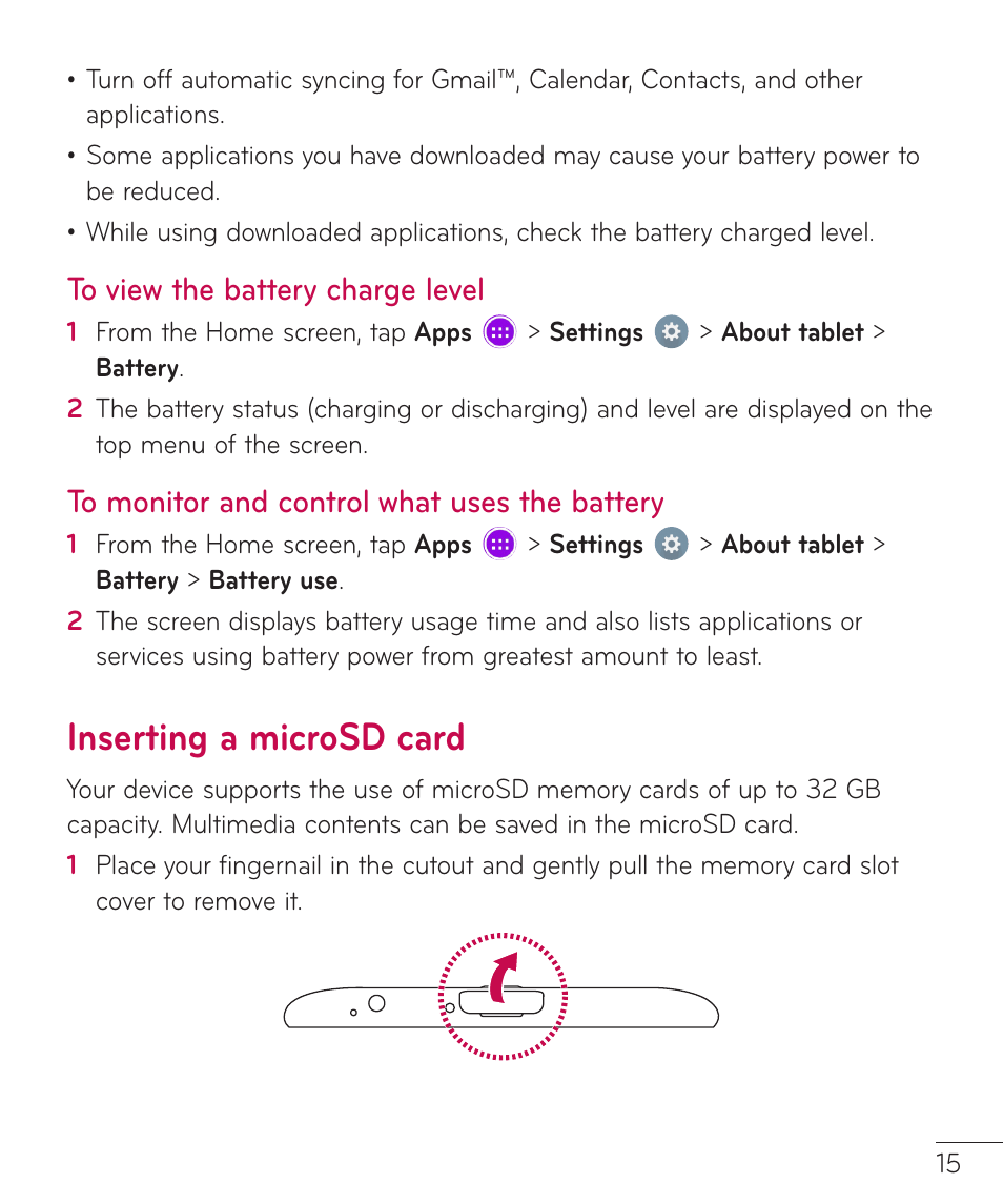 To view the battery charge level, To monitor and control what uses the battery, Inserting a microsd card | The battery inserting a microsd card | LG LGV400 User Manual | Page 17 / 132