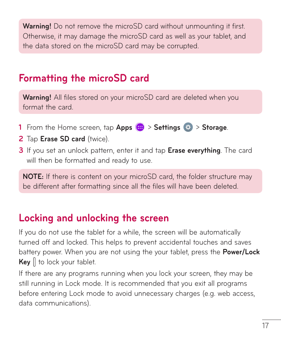 Formatting the microsd card, Locking and unlocking the screen | LG LGV400 User Manual | Page 19 / 132