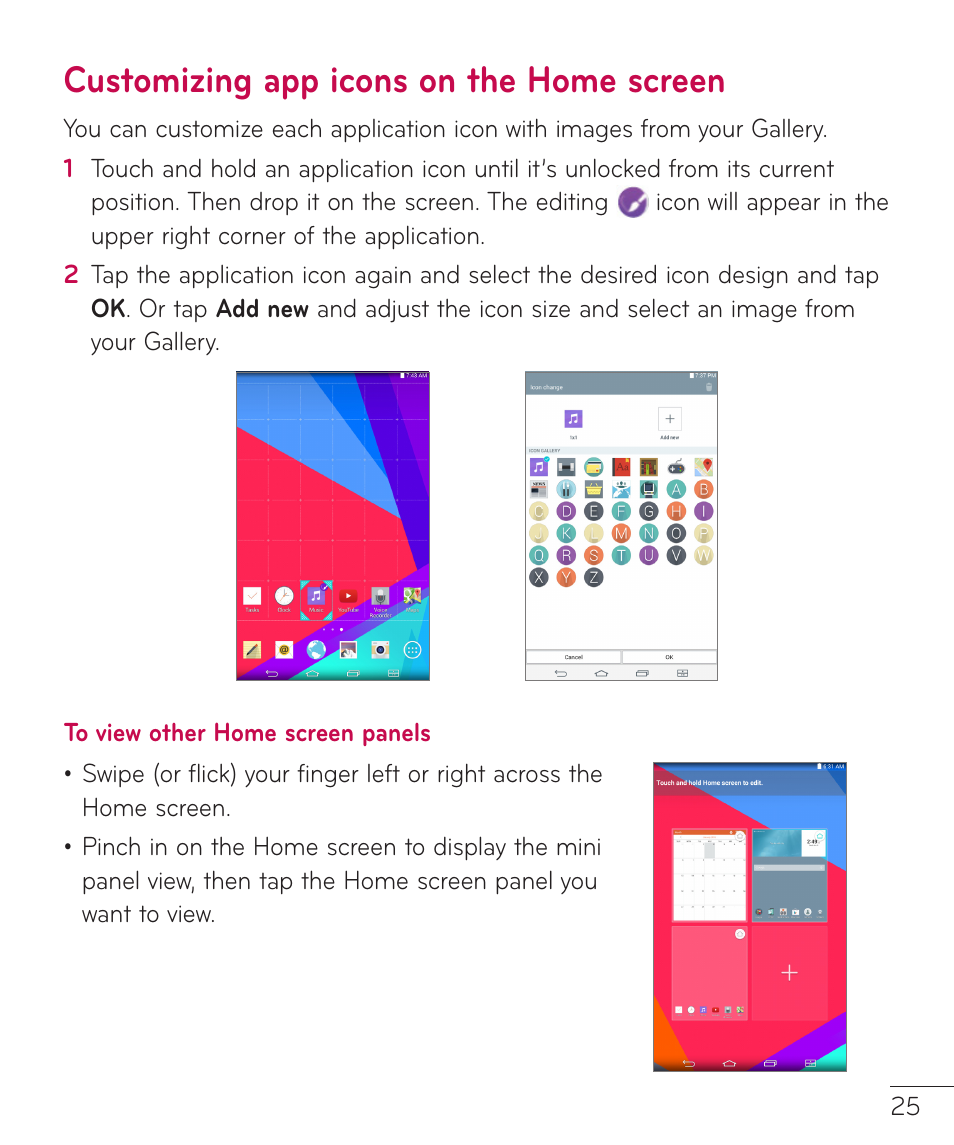 Customizing app icons on the home screen, Customizing app icons on the, Home screen | LG LGV400 User Manual | Page 27 / 132