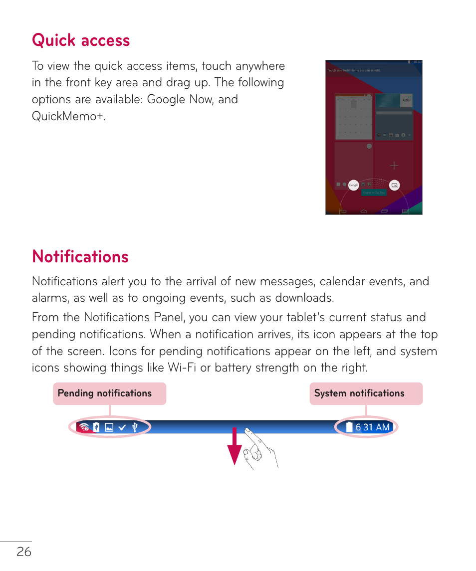 Quick access, Notifications, Quick access notifications | LG LGV400 User Manual | Page 28 / 132