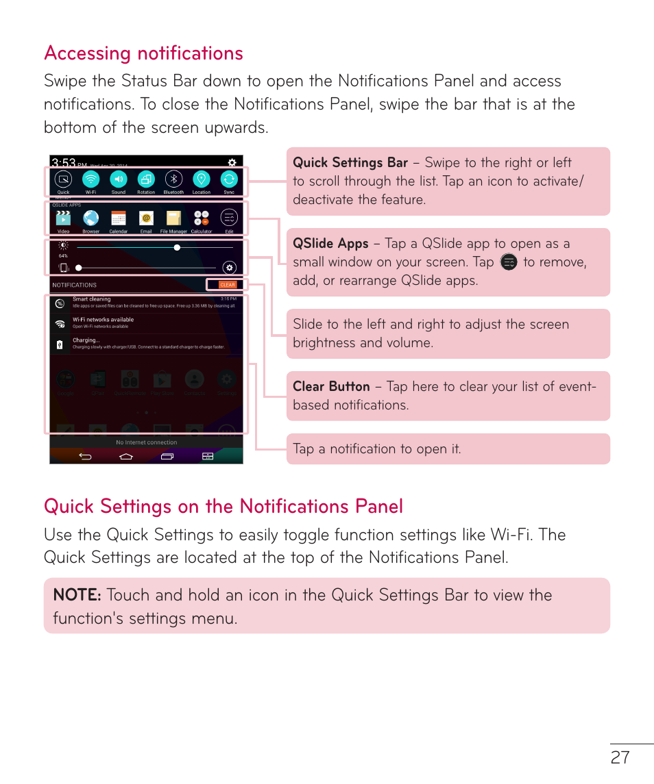 Accessing notifications, Quick settings on the notifications panel, Panel | LG LGV400 User Manual | Page 29 / 132