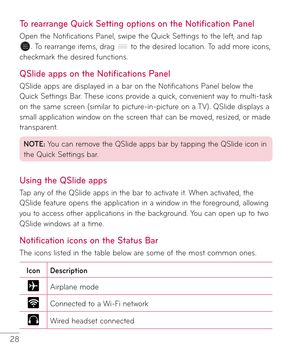 Qslide apps on the notifications panel, Using the qslide apps, Notification icons on the status bar | To rearrange quick setting options | LG LGV400 User Manual | Page 30 / 132