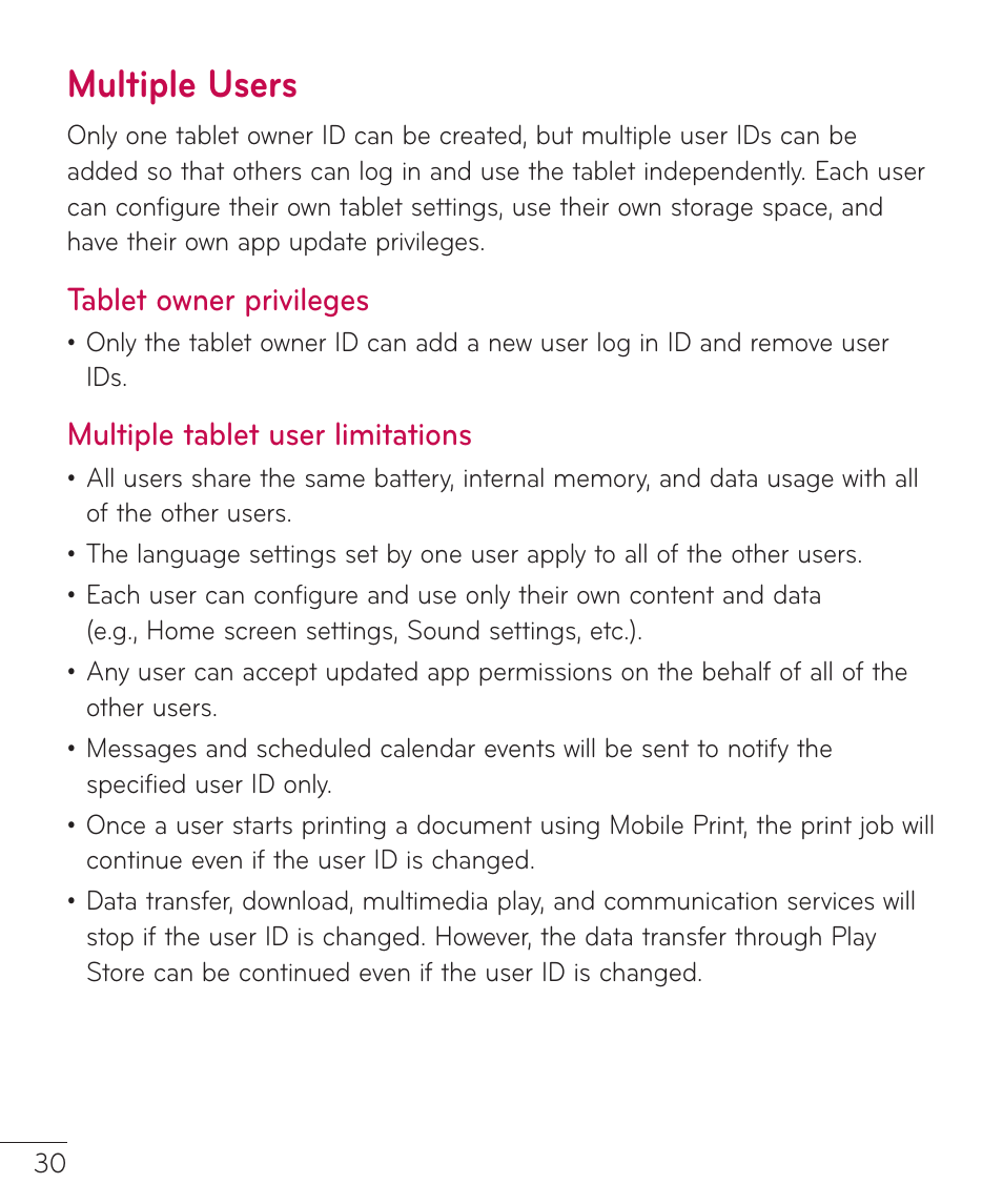 Multiple users, Tablet owner privileges, Multiple tablet user limitations | LG LGV400 User Manual | Page 32 / 132