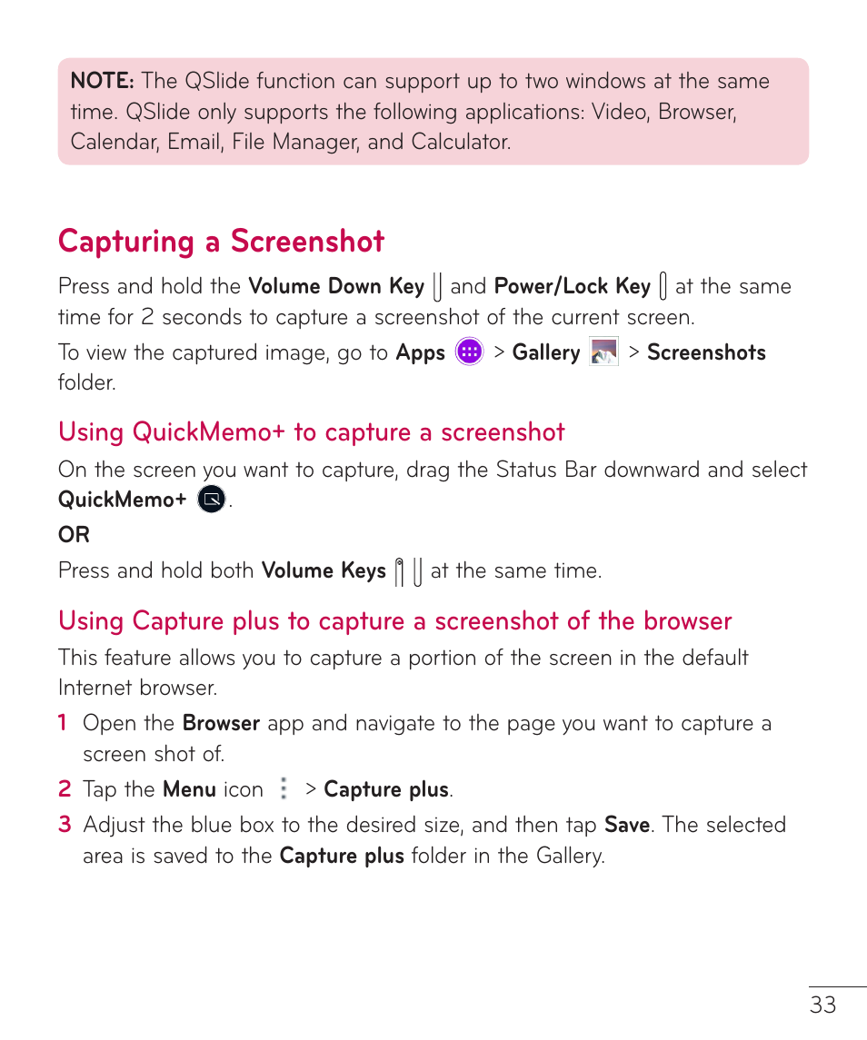 Capturing a screenshot, Using capture plus to capture a screenshot, Screenshot using capture plus to capture a | Screenshot of the browser | LG LGV400 User Manual | Page 35 / 132