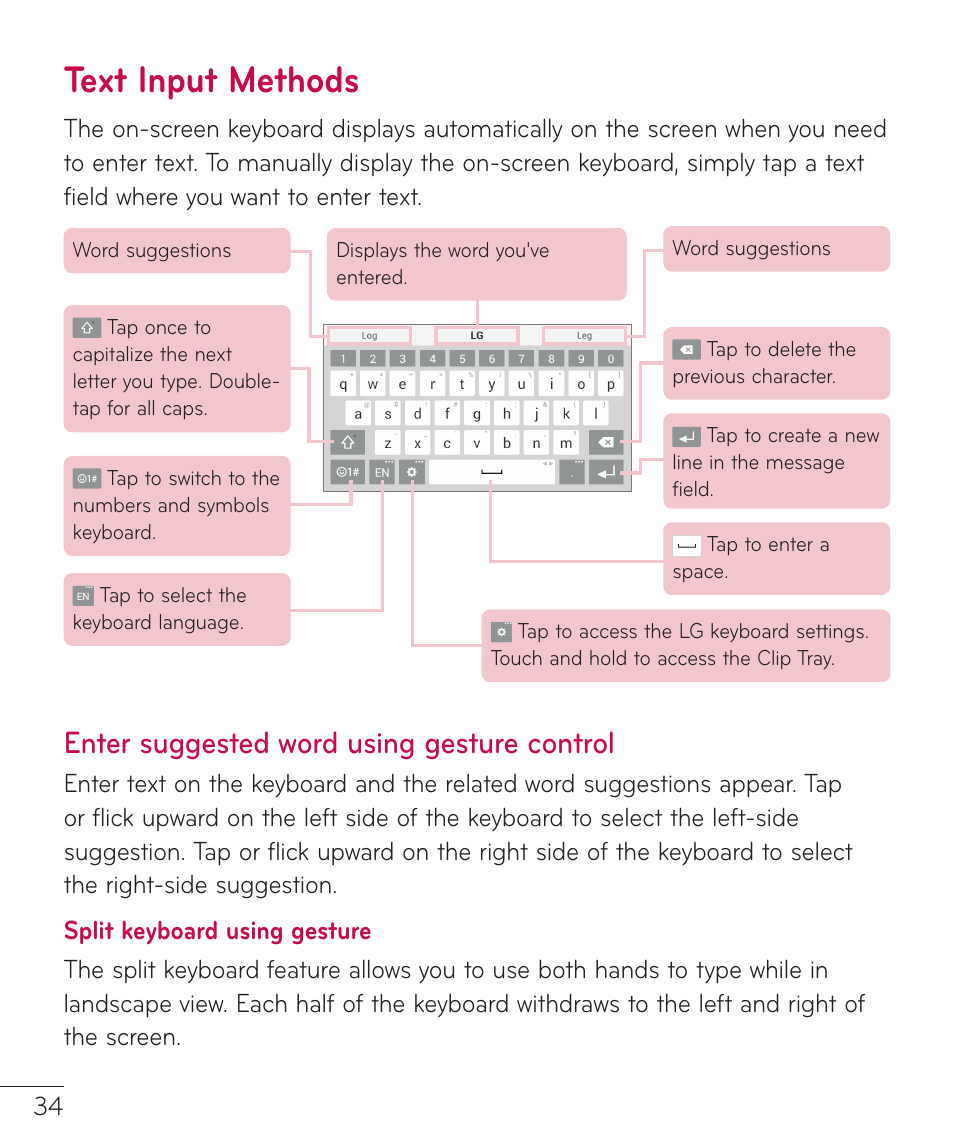 Text input methods, Enter suggested word using gesture control, Control | LG LGV400 User Manual | Page 36 / 132