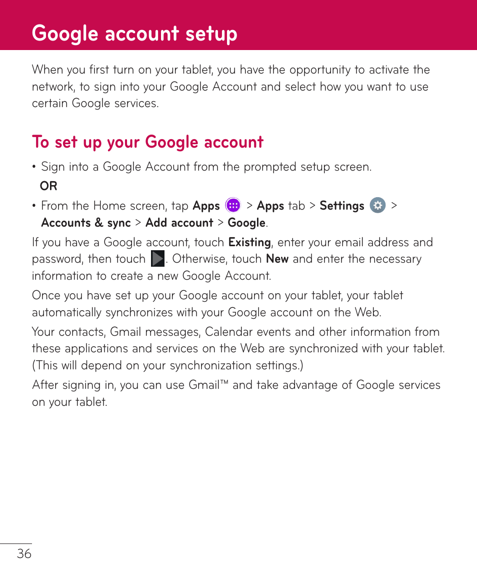 Google account setup | LG LGV400 User Manual | Page 38 / 132