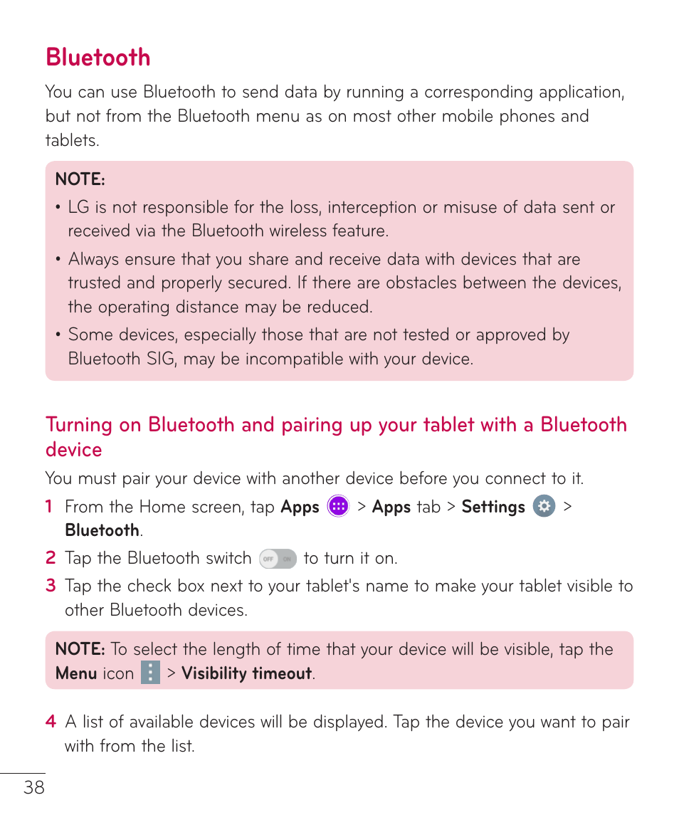 Bluetooth, Bluetooth turning on bluetooth and pairing, Up your tablet with a bluetooth | Device | LG LGV400 User Manual | Page 40 / 132