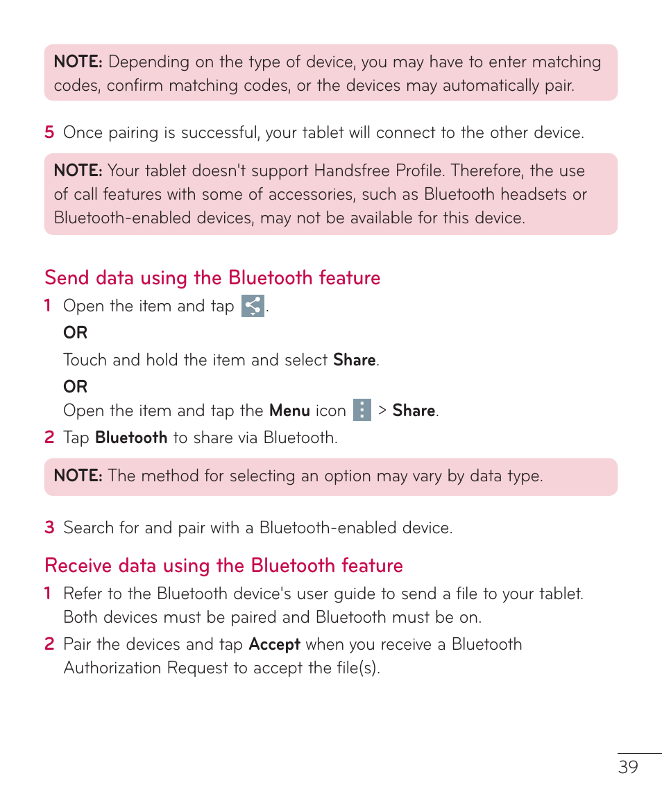 Send data using the bluetooth feature, Receive data using the bluetooth feature, Send data using the bluetooth | Feature receive data using the bluetooth, Feature | LG LGV400 User Manual | Page 41 / 132