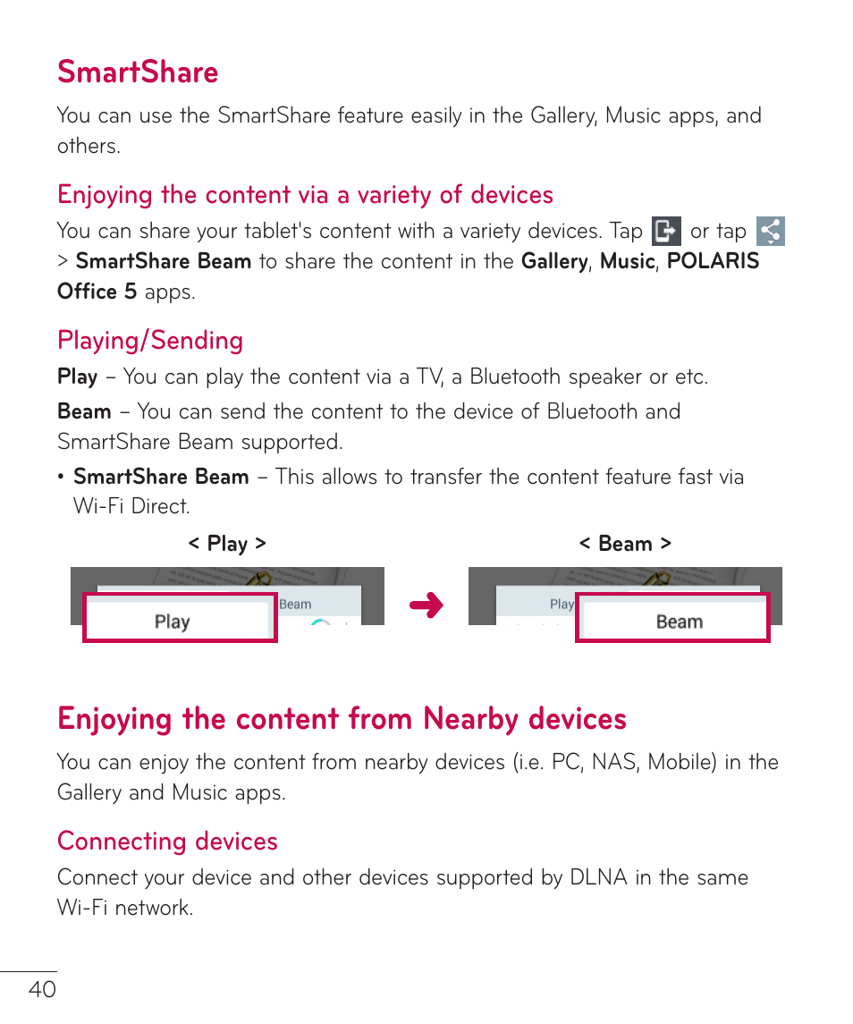 Smartshare, Enjoying the content via a variety of devices, Playing/sending | Enjoying the content from nearby devices, Connecting devices, Smartshare enjoying the content via a variety, Devices connecting devices | LG LGV400 User Manual | Page 42 / 132