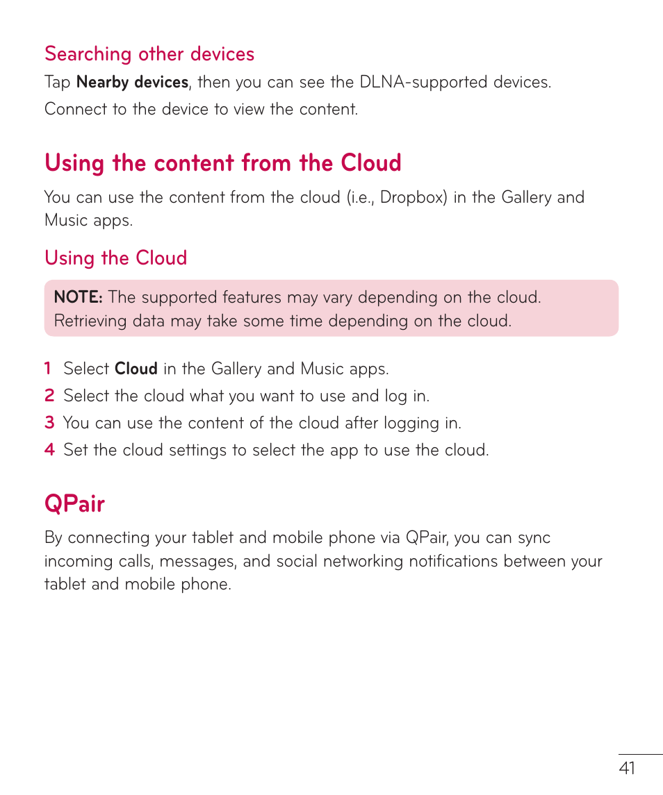 Searching other devices, Using the content from the cloud, Using the cloud | Qpair | LG LGV400 User Manual | Page 43 / 132