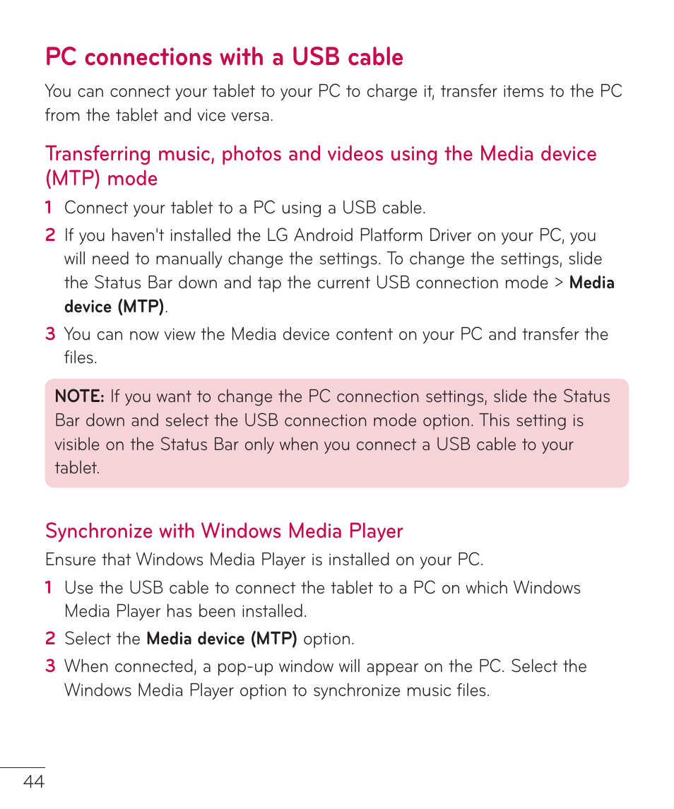 Pc connections with a usb cable, Synchronize with windows media player, Videos using the media device | Mtp) mode synchronize with windows media, Player | LG LGV400 User Manual | Page 46 / 132