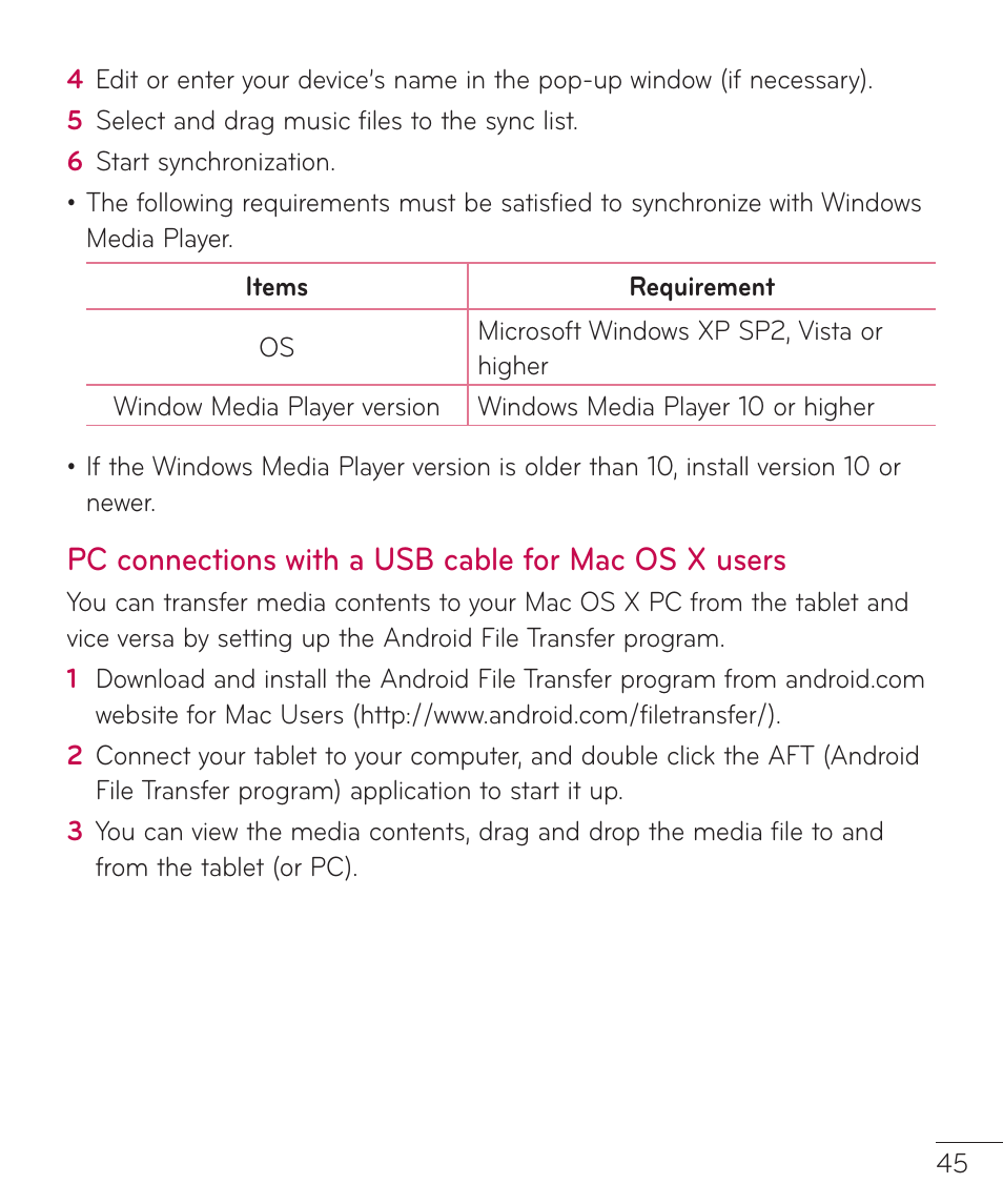 Pc connections with a usb cable for mac os x users, Pc connections with a usb cable, For mac os x users | LG LGV400 User Manual | Page 47 / 132