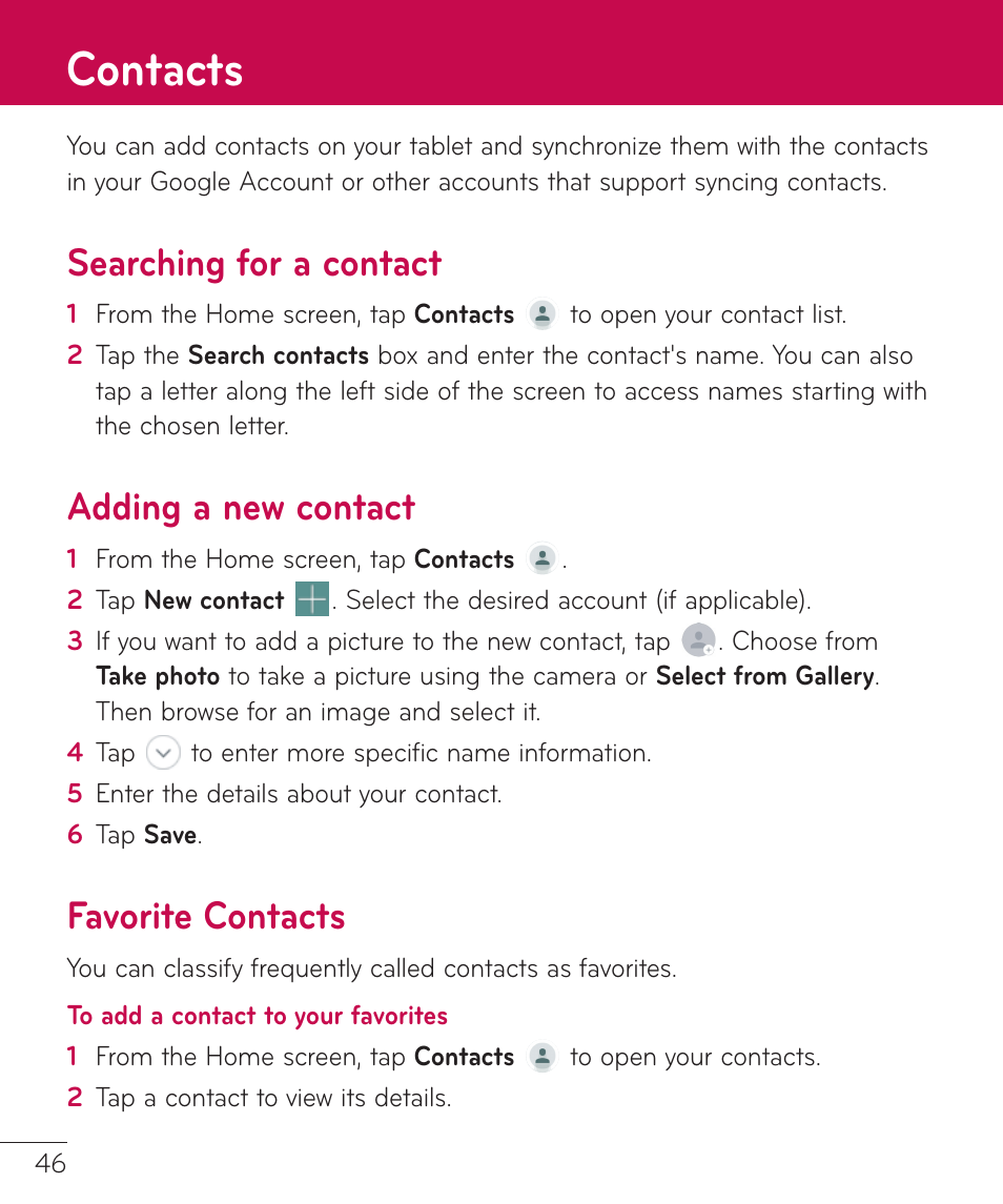 Contacts, Searching for a contact, Adding a new contact | Favorite contacts | LG LGV400 User Manual | Page 48 / 132