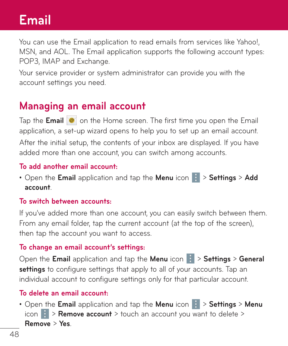 Email, Managing an email account | LG LGV400 User Manual | Page 50 / 132