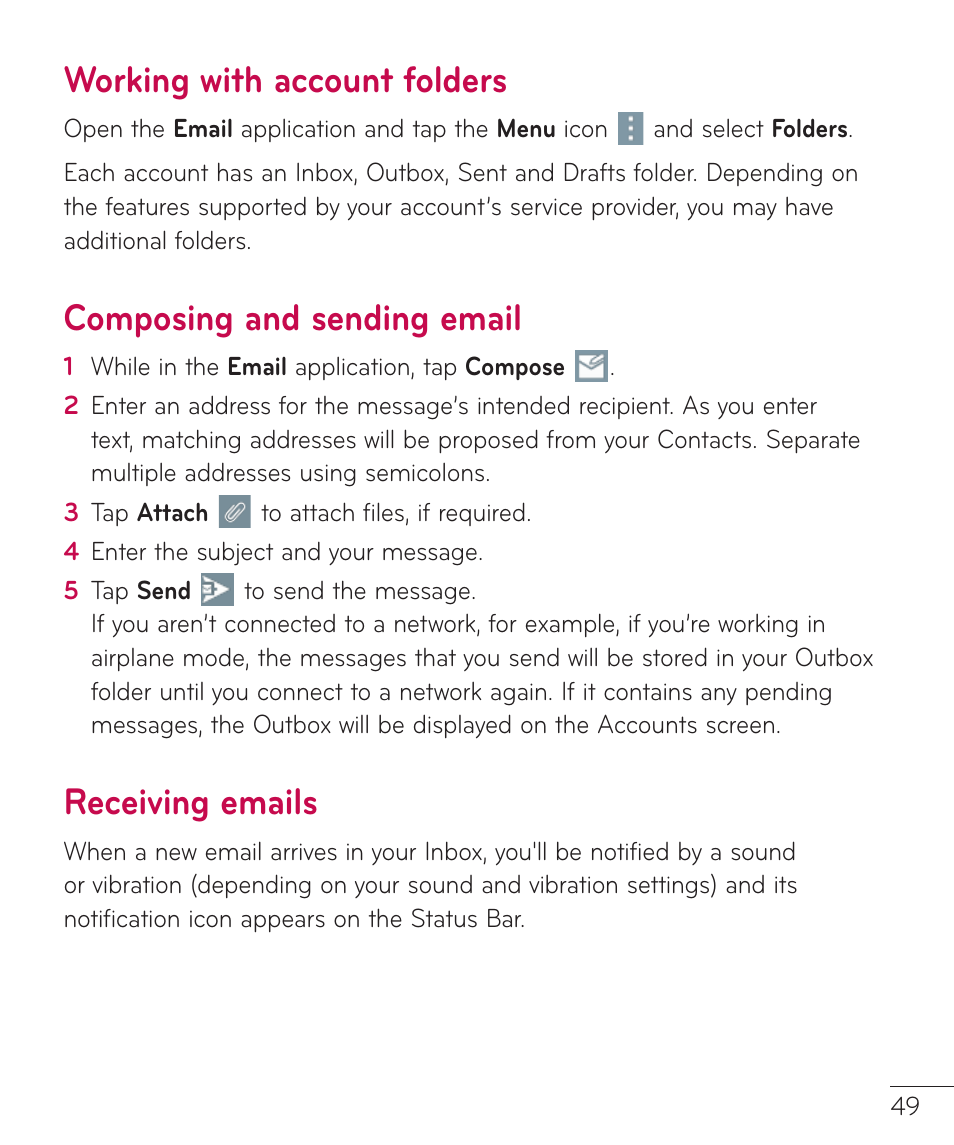 Working with account folders, Composing and sending email, Receiving emails | LG LGV400 User Manual | Page 51 / 132