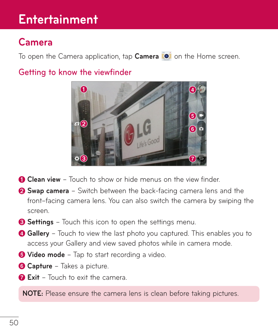 Entertainment, Camera, Getting to know the viewfinder | Camera getting to know the viewfinder | LG LGV400 User Manual | Page 52 / 132