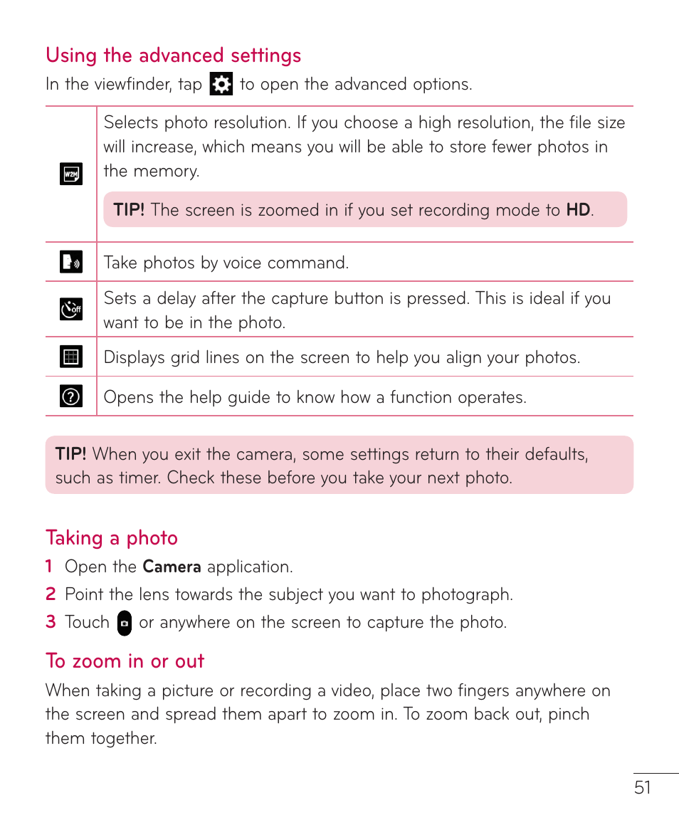 Using the advanced settings, Taking a photo, To zoom in or out | LG LGV400 User Manual | Page 53 / 132