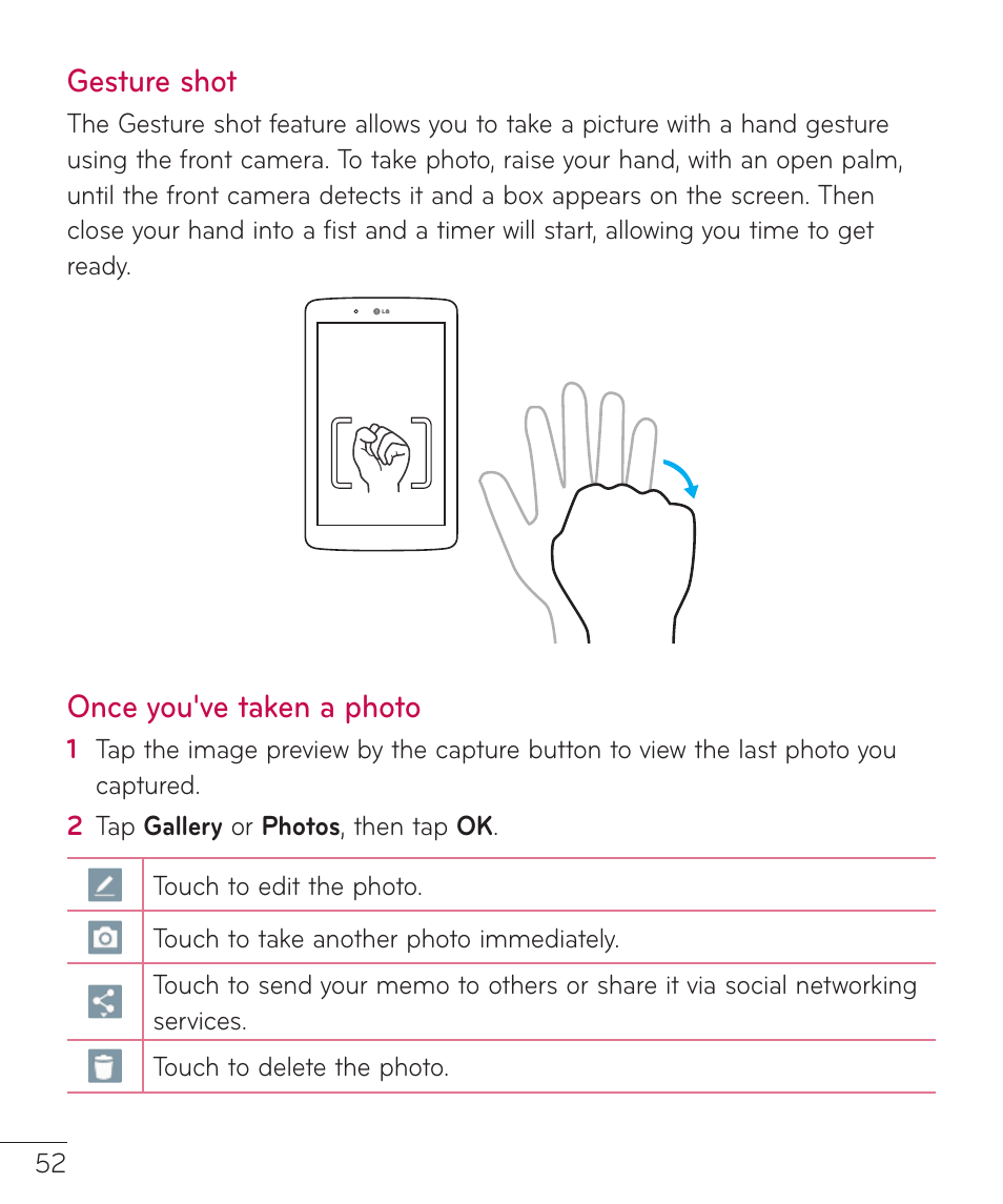 Gesture shot, Once you've taken a photo, Gesture shot once you've taken a photo | LG LGV400 User Manual | Page 54 / 132