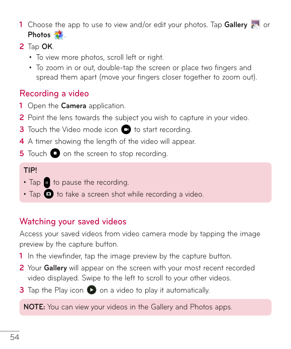 Recording a video, Watching your saved videos, Recording a video watching your saved videos | LG LGV400 User Manual | Page 56 / 132