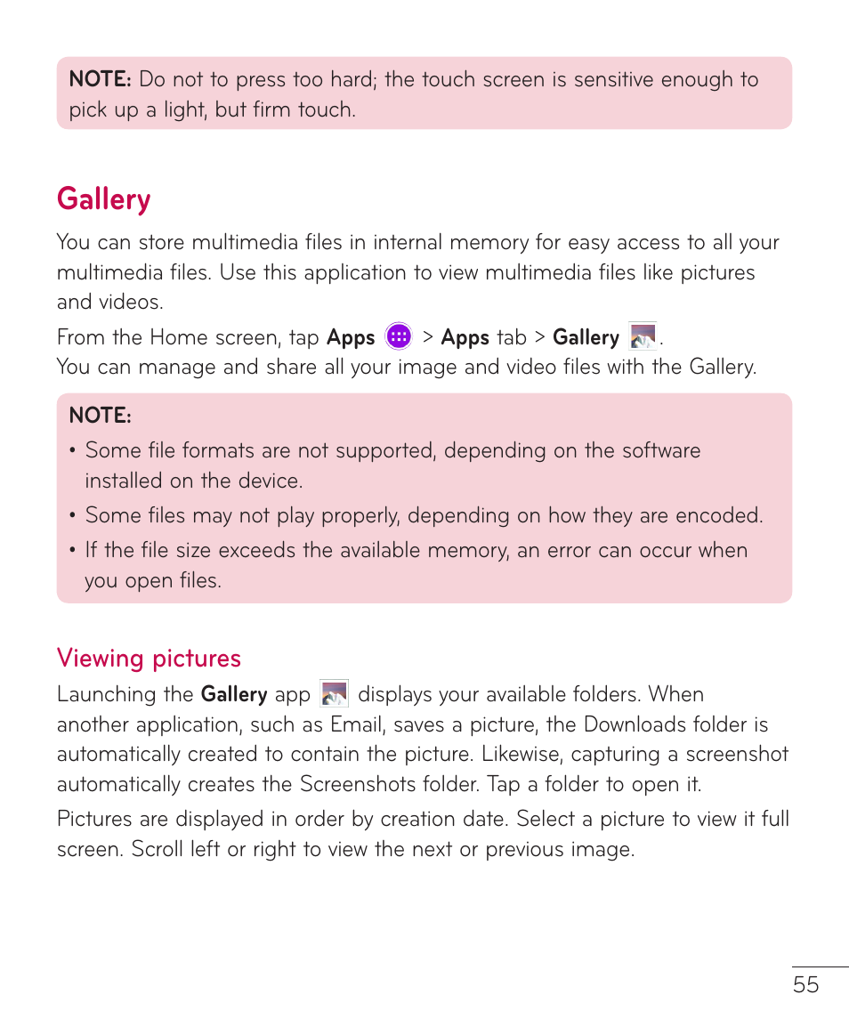 Gallery, Viewing pictures, Gallery viewing pictures | LG LGV400 User Manual | Page 57 / 132