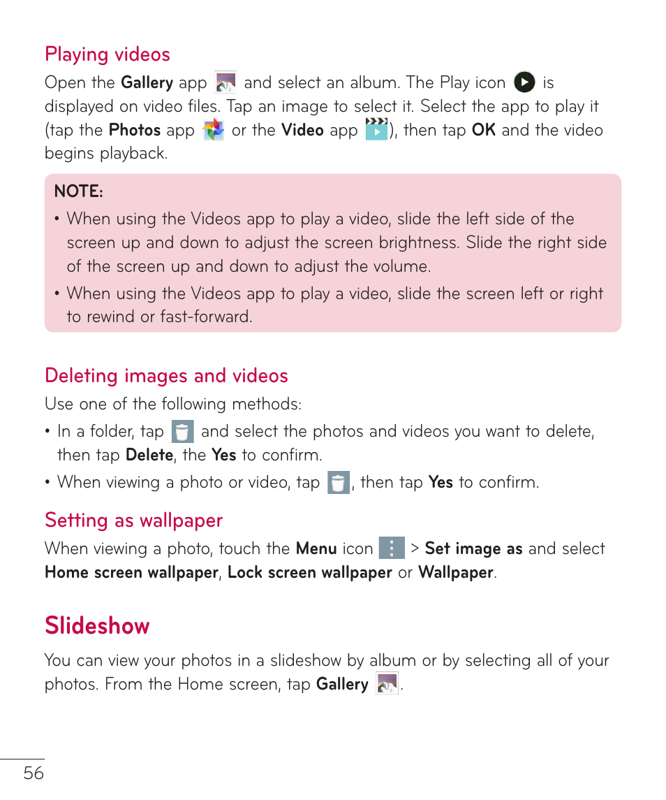 Playing videos, Deleting images and videos, Setting as wallpaper | Slideshow | LG LGV400 User Manual | Page 58 / 132