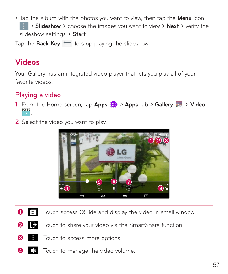 Videos, Playing a video, Videos playing a video | LG LGV400 User Manual | Page 59 / 132