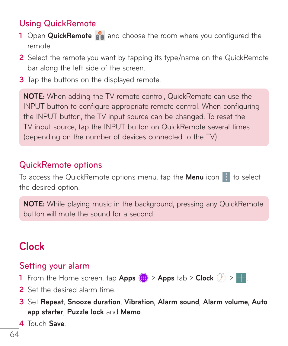 Clock, Using quickremote, Quickremote options | Setting your alarm | LG LGV400 User Manual | Page 66 / 132