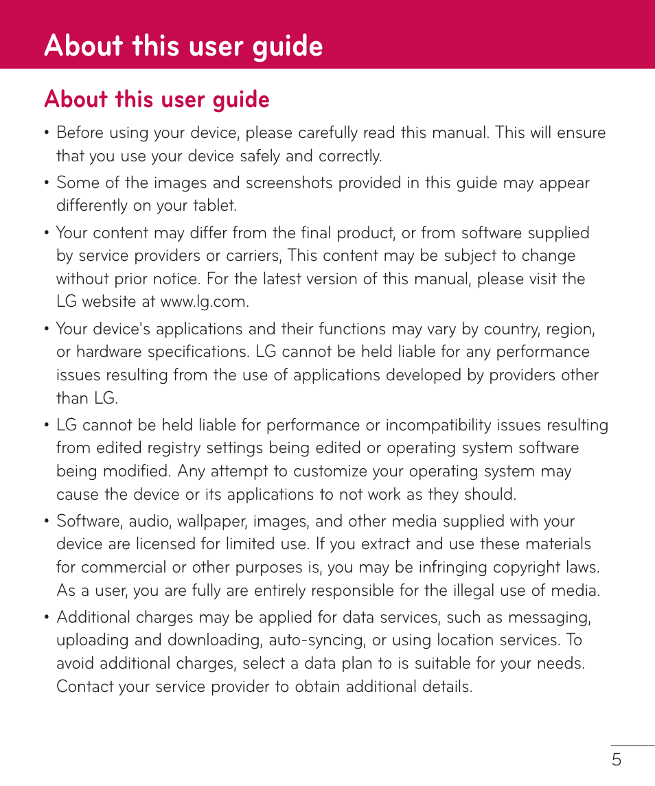 About this user guide | LG LGV400 User Manual | Page 7 / 132