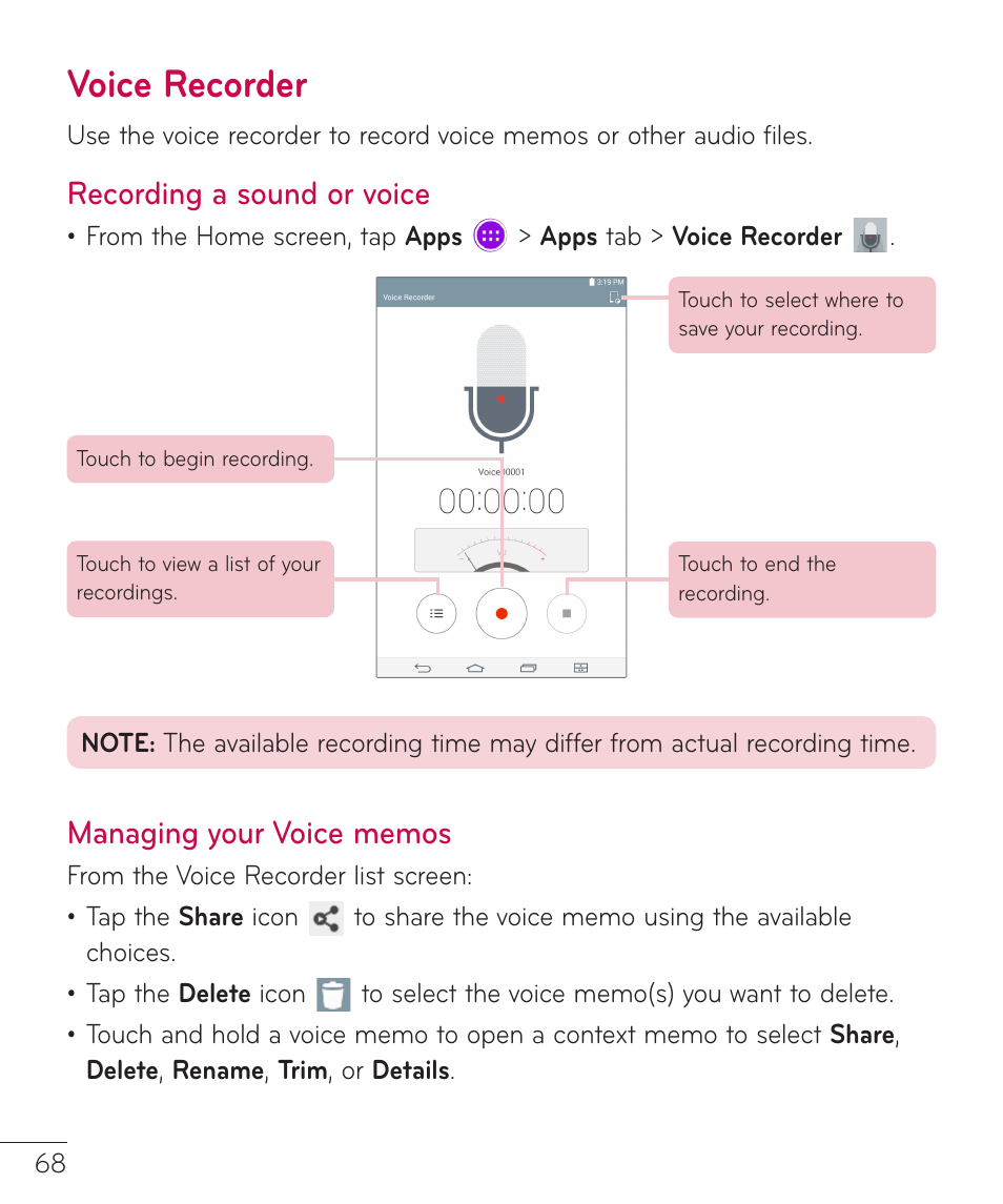 Voice recorder, Recording a sound or voice | LG LGV400 User Manual | Page 70 / 132