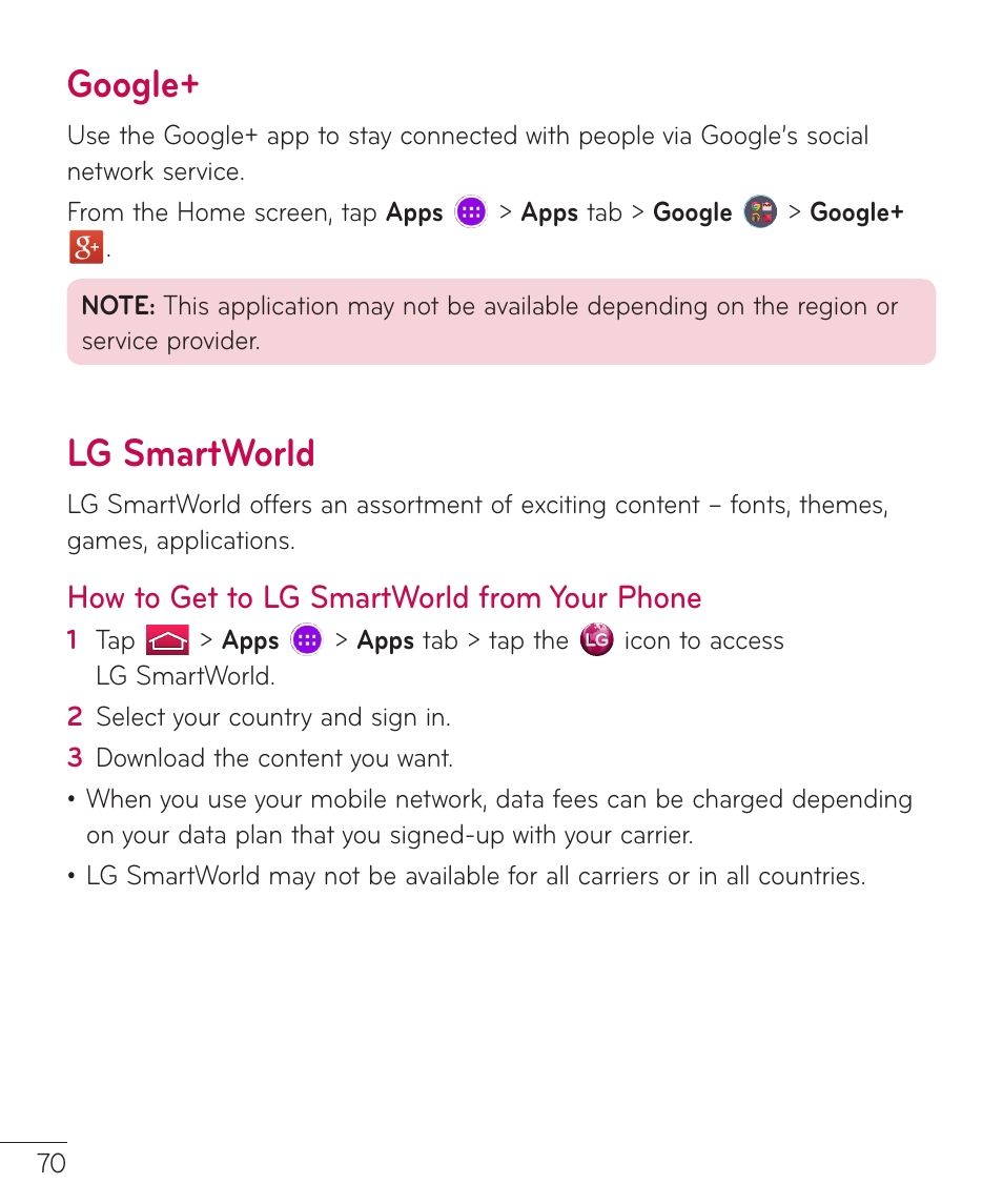 Google, Lg smartworld, Google+ lg smartworld | How to get to lg smartworld from your phone | LG LGV400 User Manual | Page 72 / 132