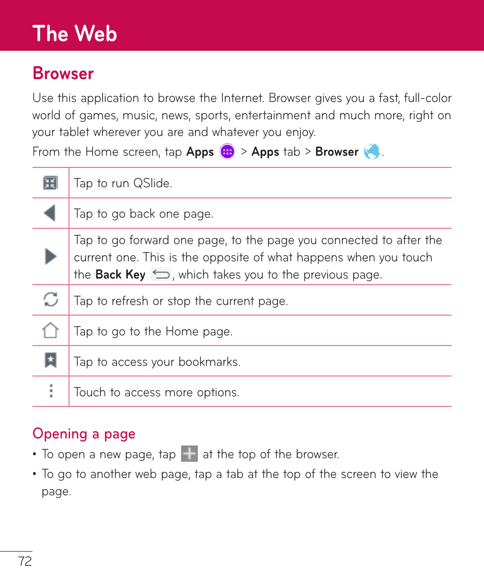 The web, Browser | LG LGV400 User Manual | Page 74 / 132