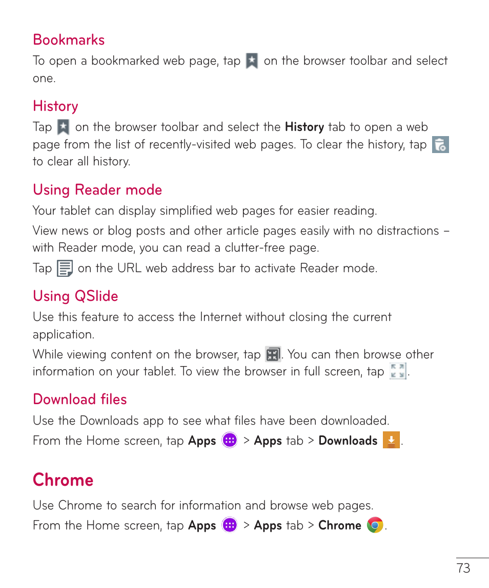 Bookmarks, History, Using reader mode | Using qslide, Download files, Chrome | LG LGV400 User Manual | Page 75 / 132