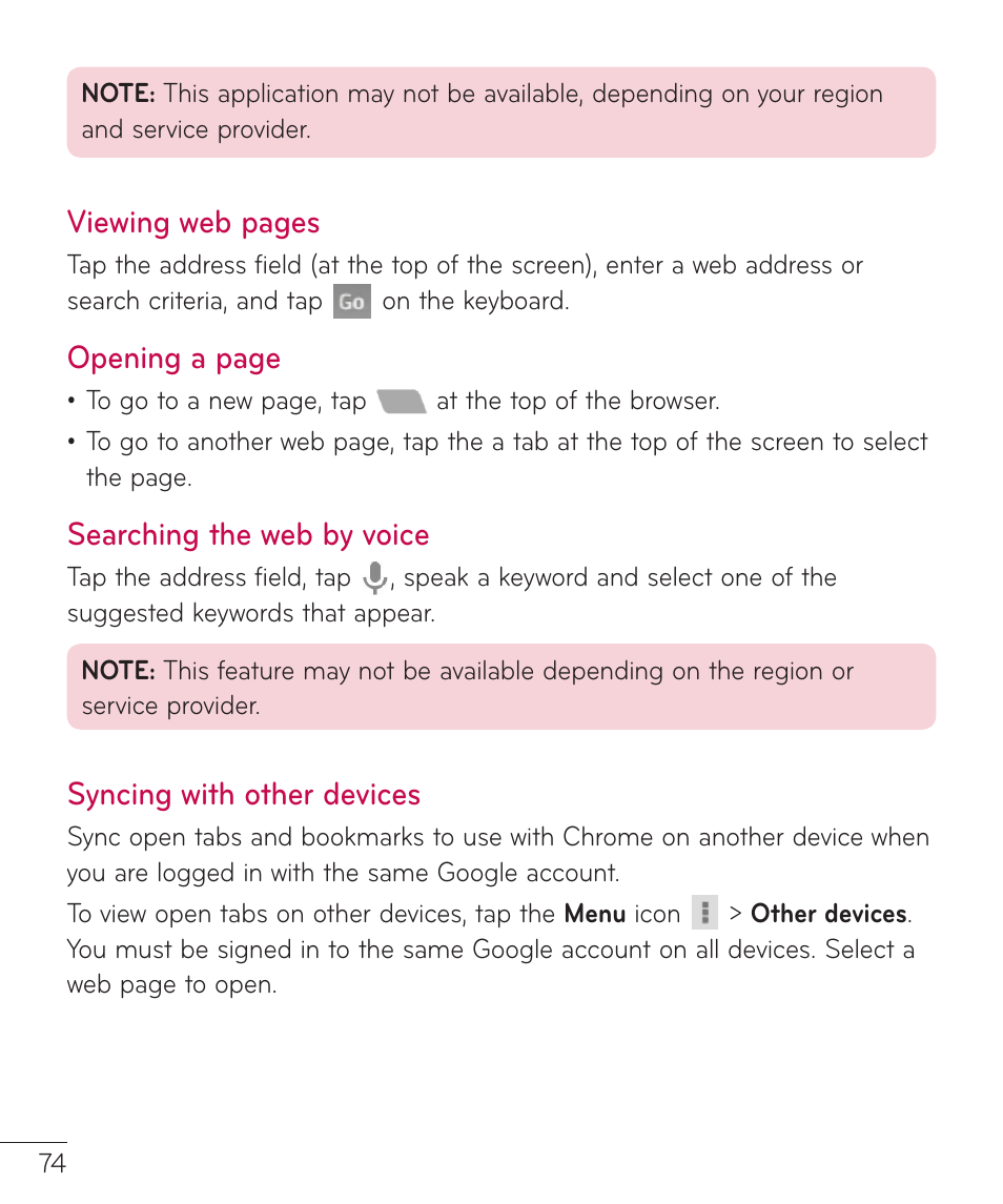 Searching the web by voice, Syncing with other devices, Viewing web pages | Opening a page | LG LGV400 User Manual | Page 76 / 132