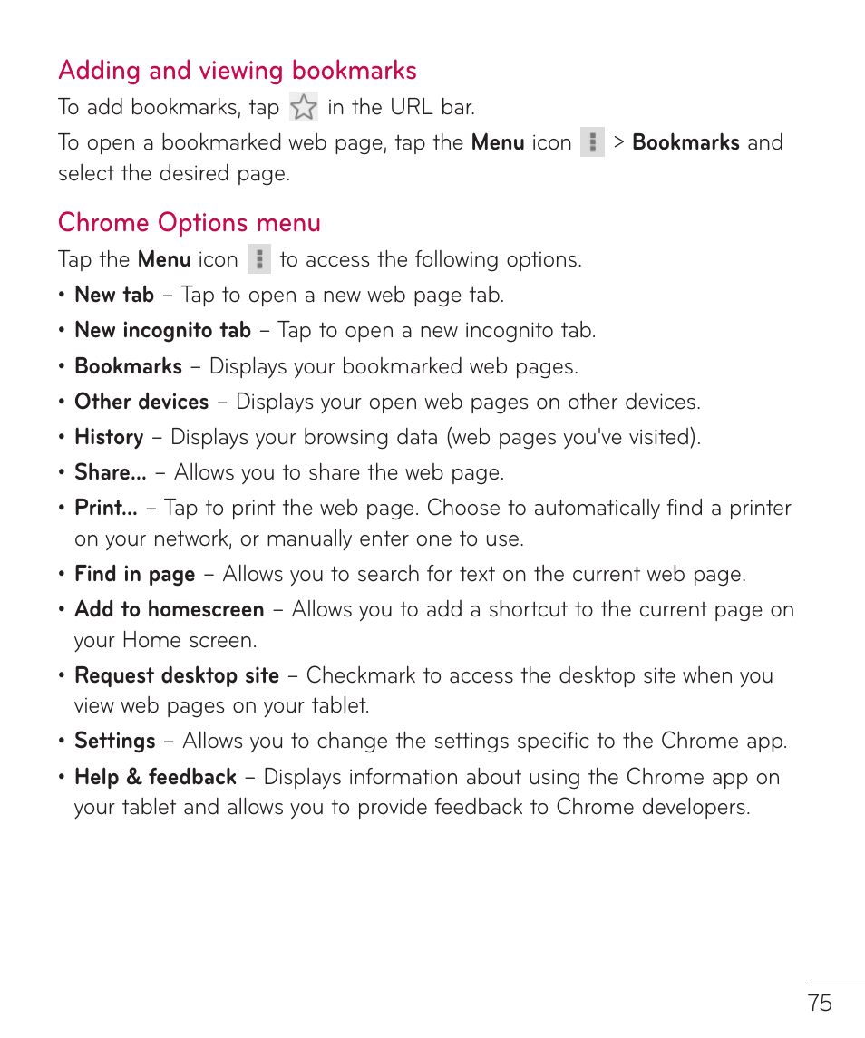 Adding and viewing bookmarks, Chrome options menu, Adding and viewing bookmarks chrome options menu | LG LGV400 User Manual | Page 77 / 132